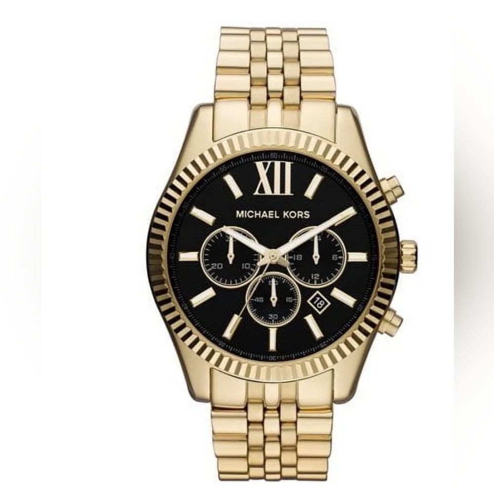 NWOT Michael Kors MK8286 Lexington Chronograph Black Dial Gold Men Watch